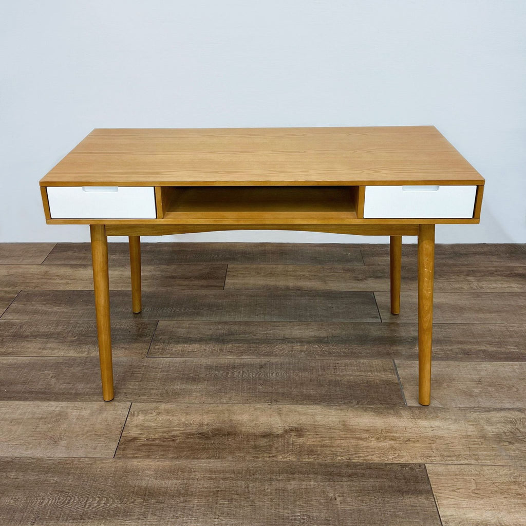 Teak wood grain desk with tapered legs and open storage, featuring two white drawers.