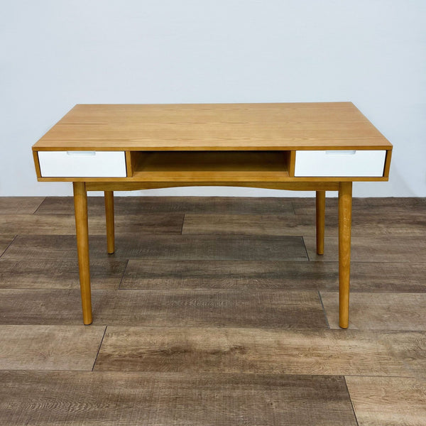 Teak wood grain desk with tapered legs and open storage, featuring two white drawers.