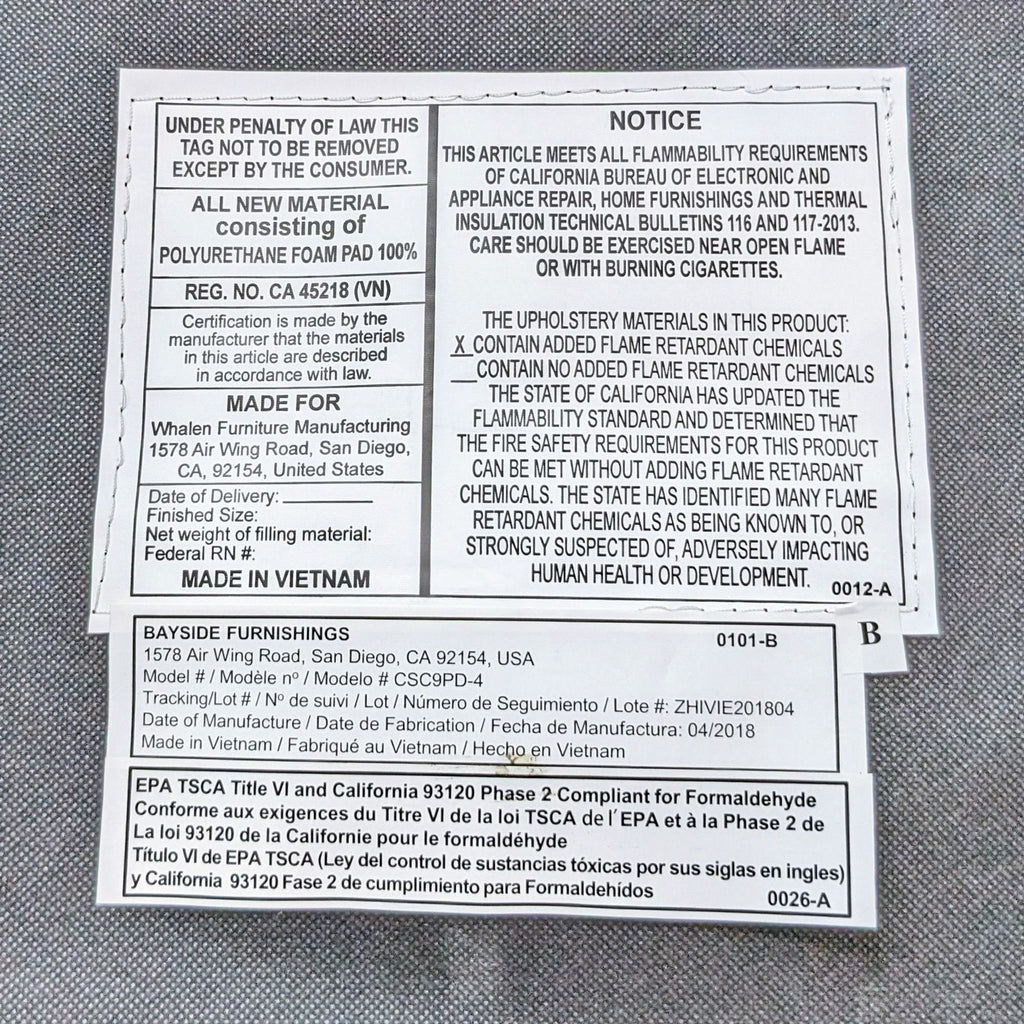 Product tag for Bayside Furnishings, detailing materials and compliance information.