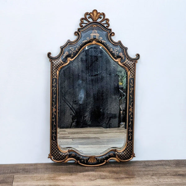 Ethan Allen Rococo-style mirror with gilt Chinoiserie pagoda details.