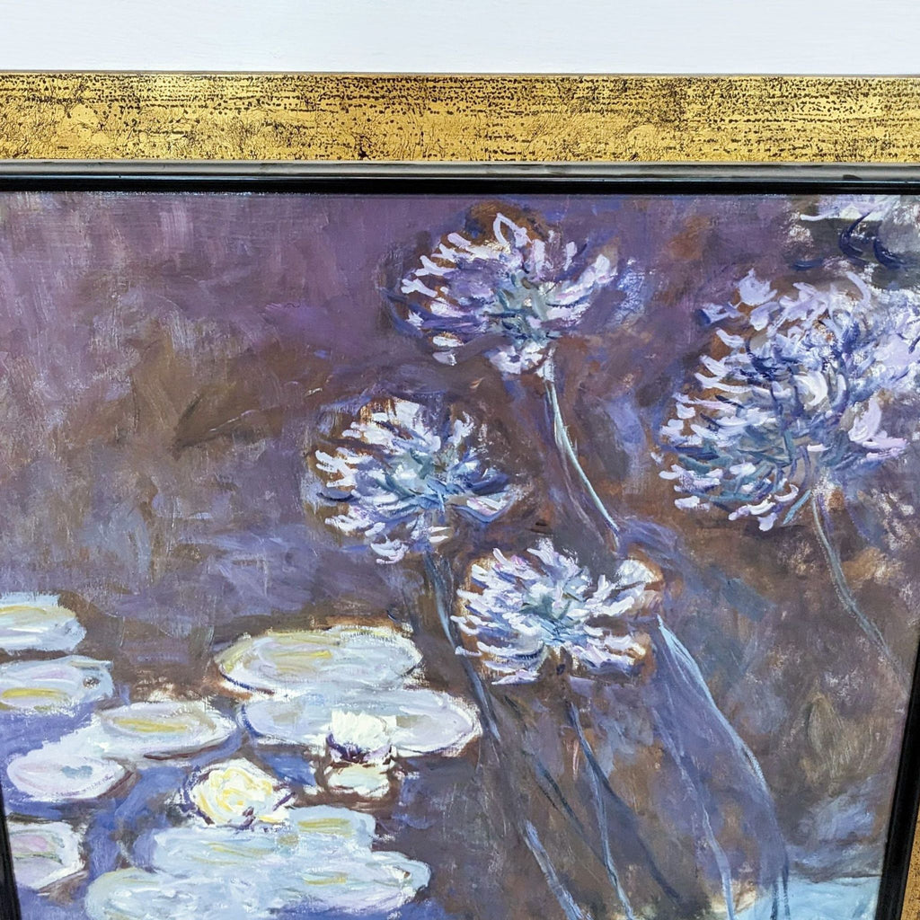 Close-up of the floral painting showing lily pads and agapanthus flowers in detail.
