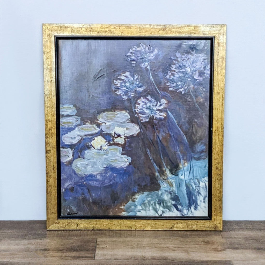 Framed floral painting with lily pads and agapanthus against a dark background.