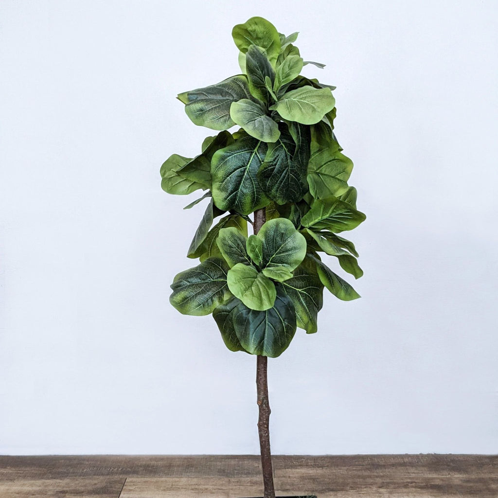 Artificial Fiddle Leaf Fig tree in black planter on wooden floor.