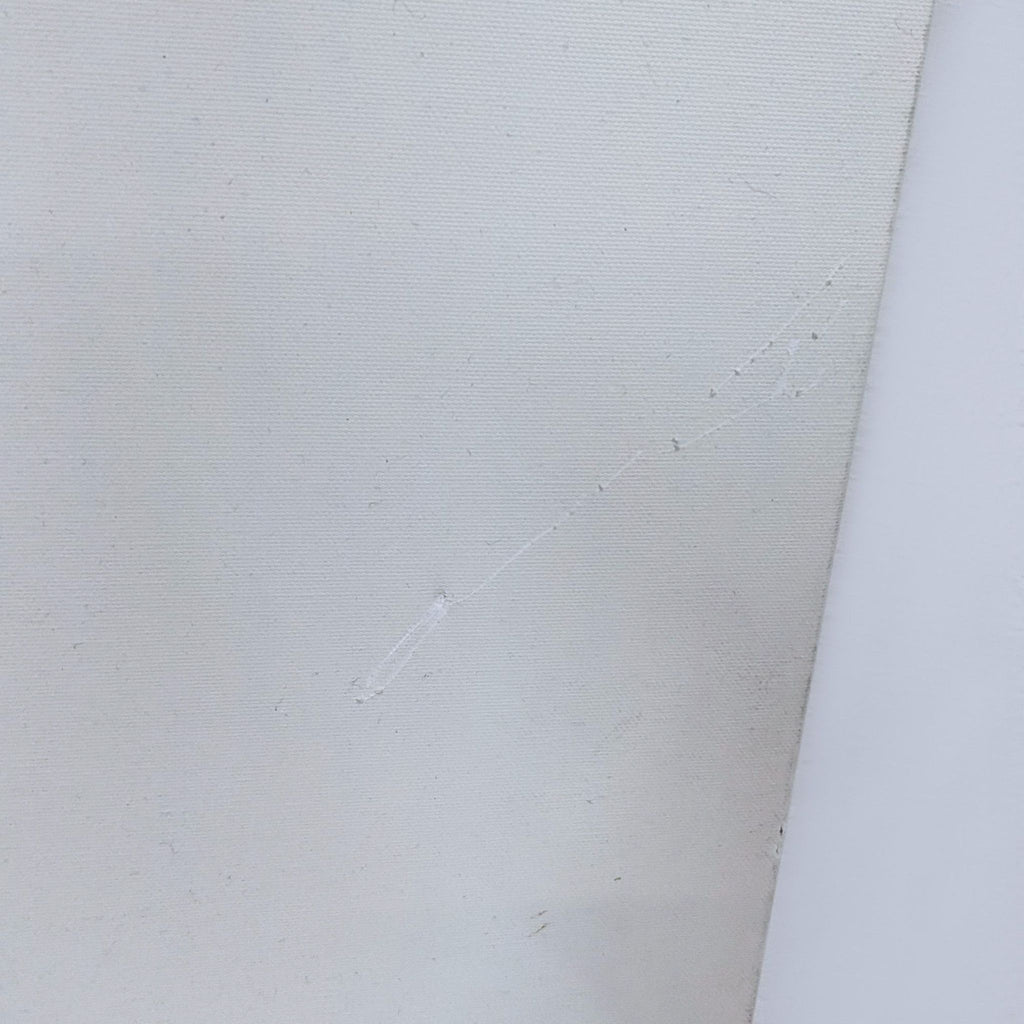Close-up of a canvas showing subtle texture and a small scratch.