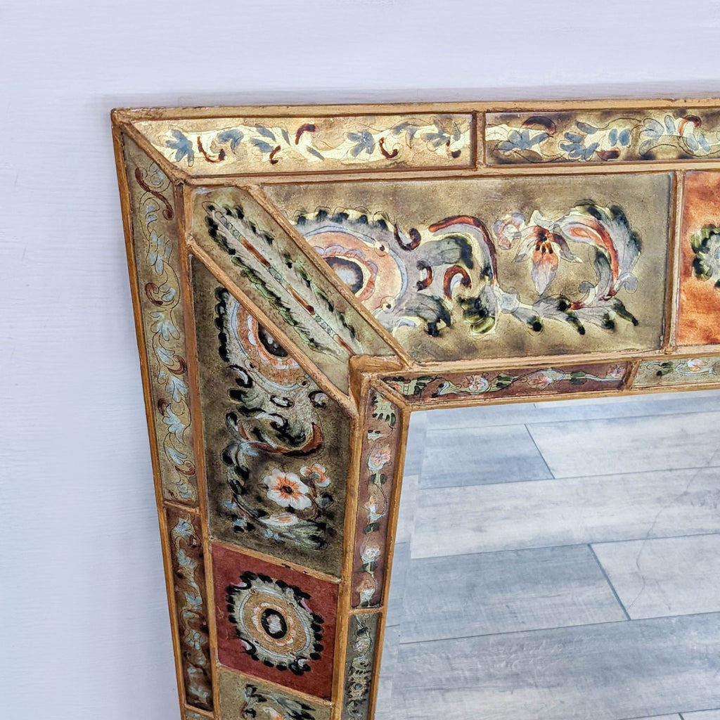 Close-up of hand-painted details on Peruvian Style mirror frame.