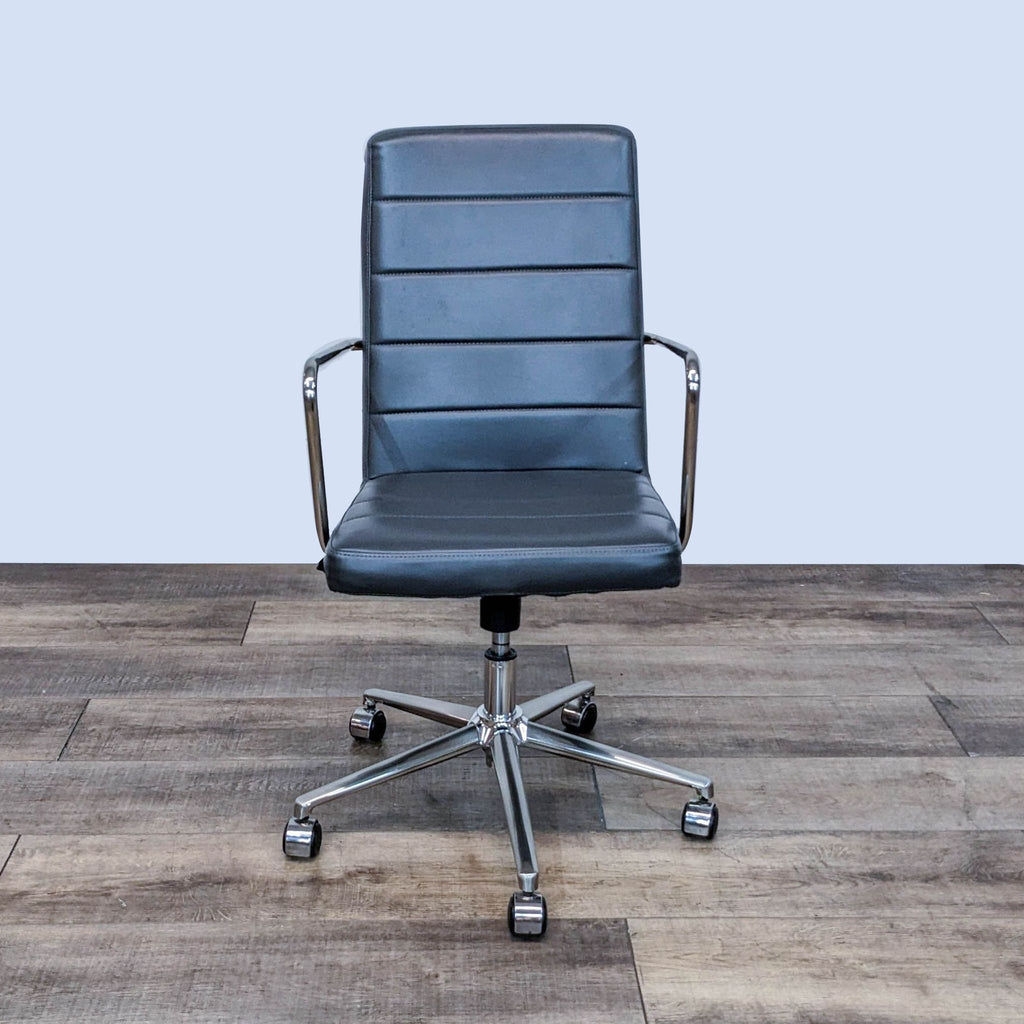 Front view of Modway Finesse chair with ribbed vinyl back and chrome armrests.