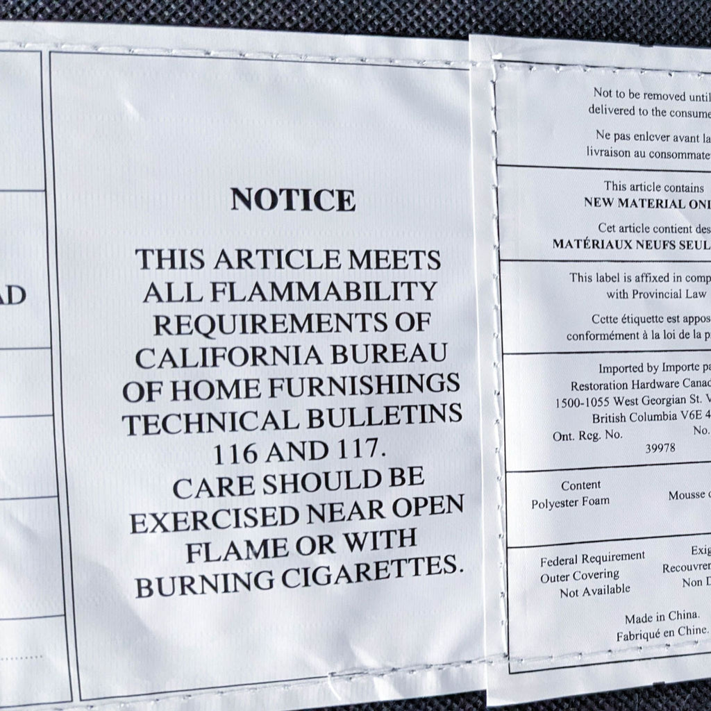 3. Flammability compliance label attached to the SoHo club chair by Restoration Hardware Lounge category.