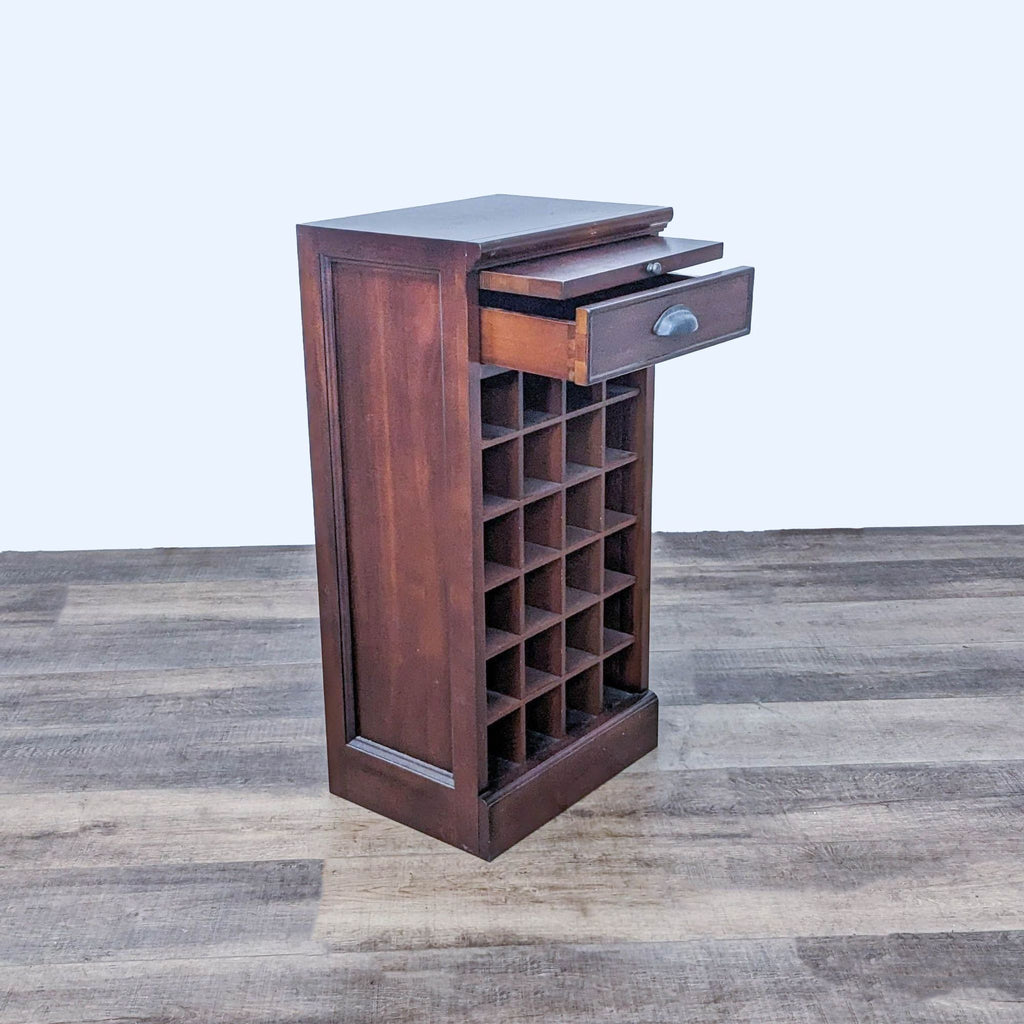 Side view of wine rack showing extended drawer and pull-out tray.