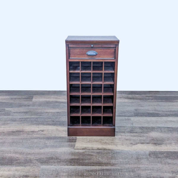 Wine storage unit with 24 bottle slots and a drawer.