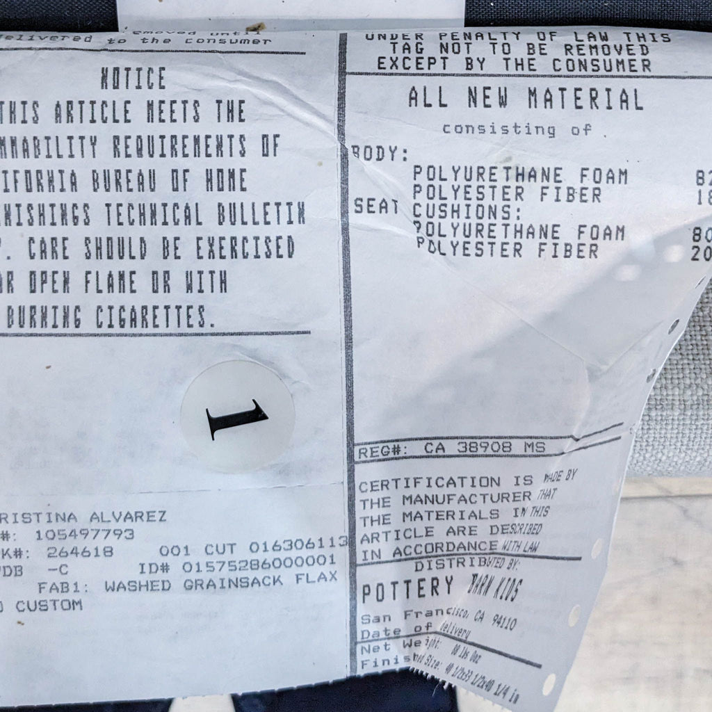 Label detailing materials of Pottery Barn Kids wingback rocker: polyurethane foam, polyester fiber.