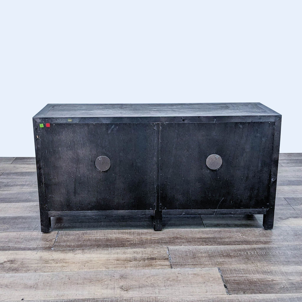 Side view of the sideboard showing open drawers and fold-down fronts, crafted in rustic style.  