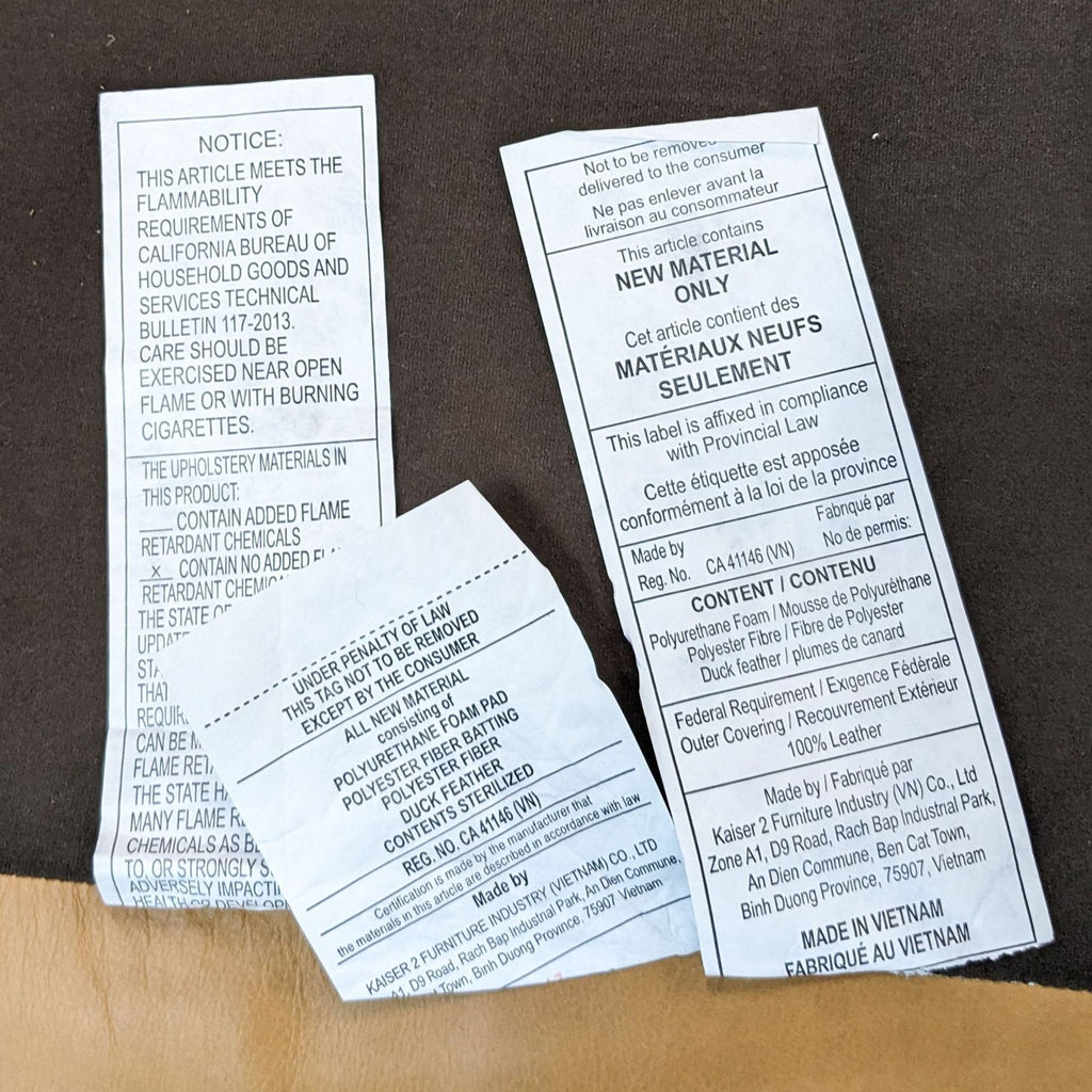 Furniture tags detailing material and safety information, including flammability requirements.