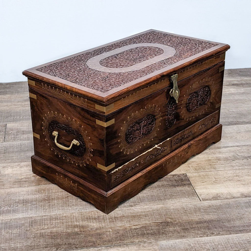 South Asian Carved Trunk with Brass Inlay