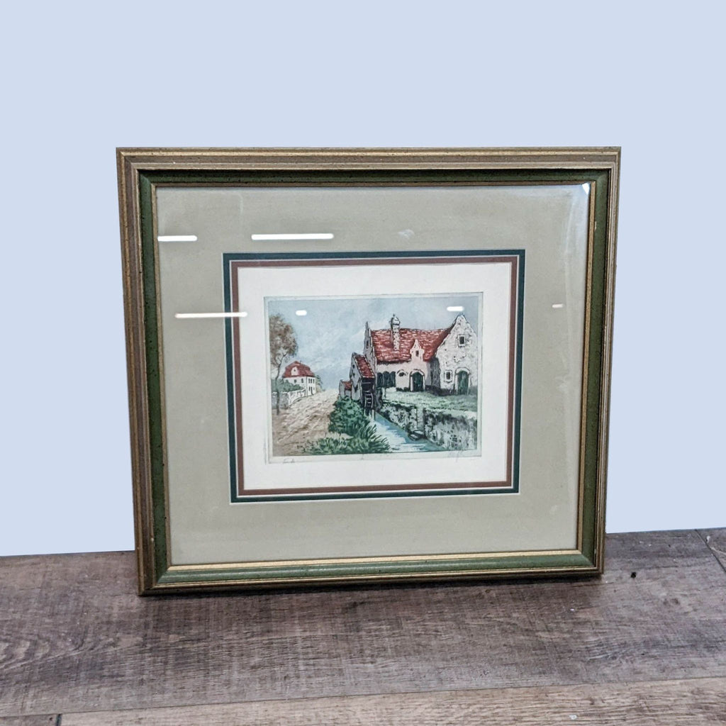 Framed French countryside art print with canal, signed by the artist.