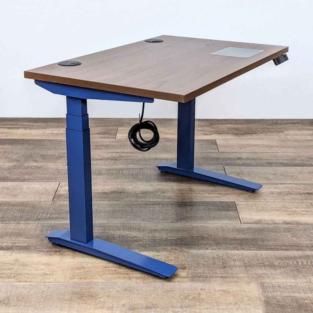 Motorized standing desk with dark wood finish and blue frame.