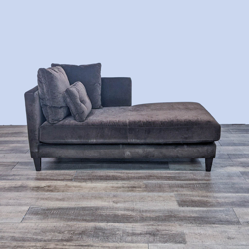 Modern chaise with brown fabric, dark wood feet, and right arm bench cushion.