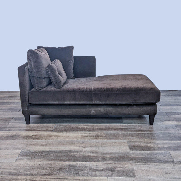 Modern chaise with brown fabric, dark wood feet, and right arm bench cushion.