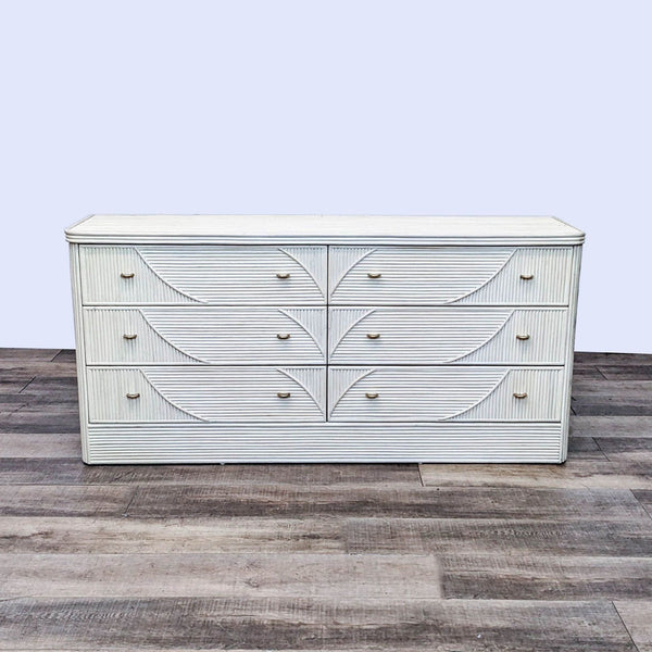 Vintage 6-drawer Coastal dresser with cerused finish and glass top.