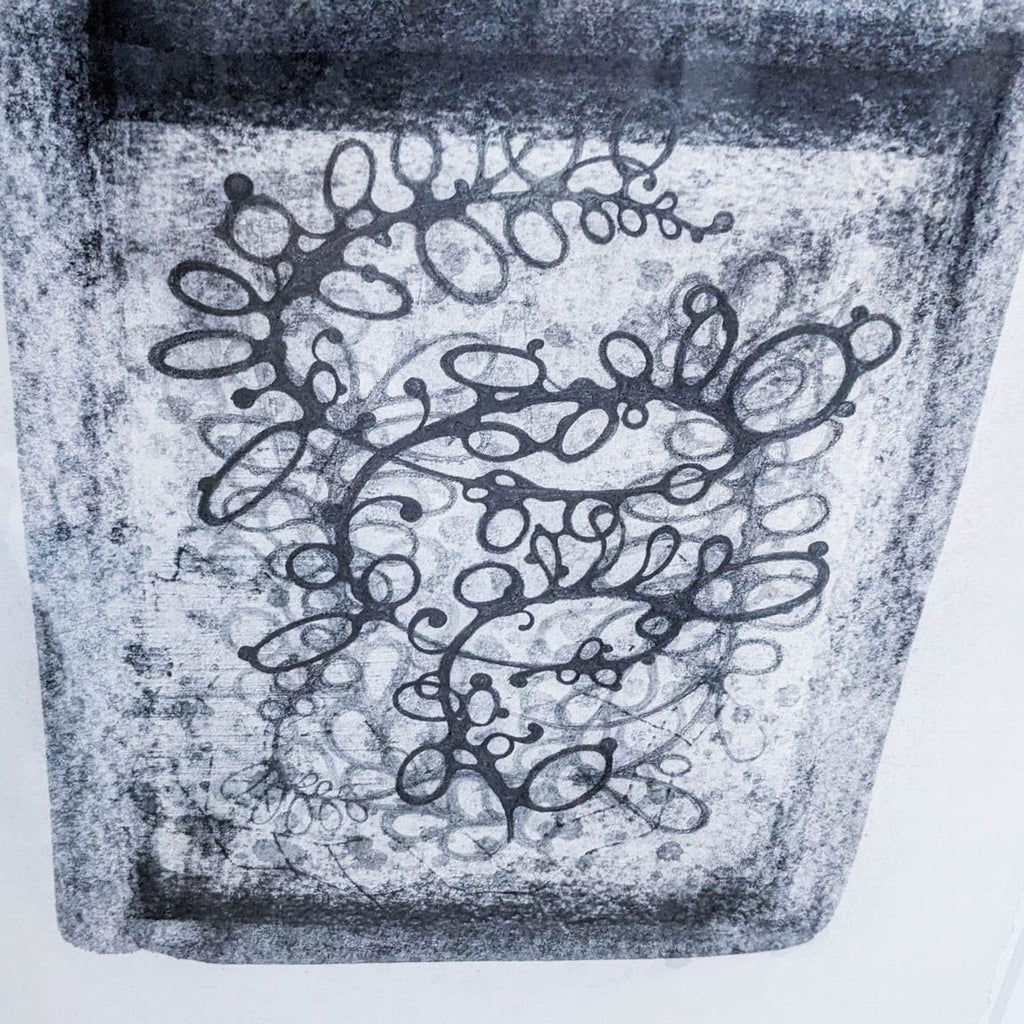 Close-up of abstract print's intricate swirl patterns by Reperch, highlighting texture.  