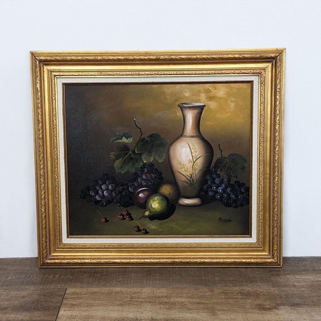 Framed still life painting of a vase with fruits by Kance, brand Reperch.  