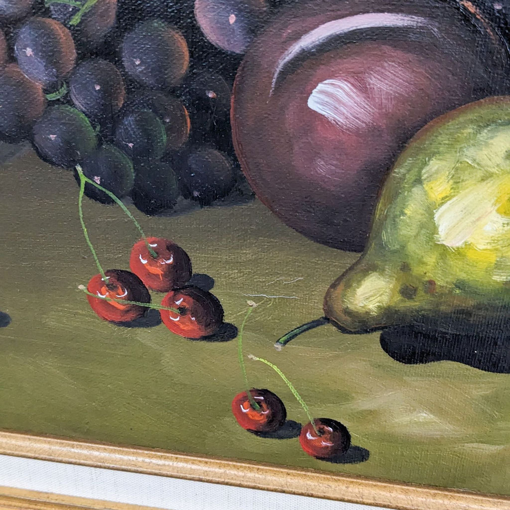 Close-up of fruits including grapes and cherries from the still life painting.  
