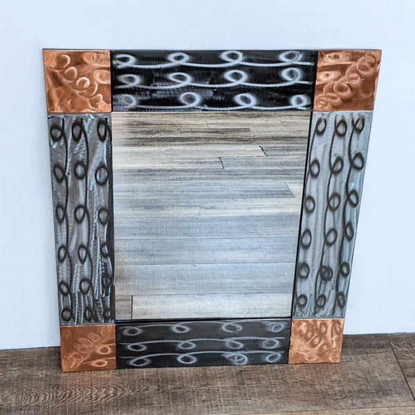 a large wood frame with a metal frame and a black and white pattern.