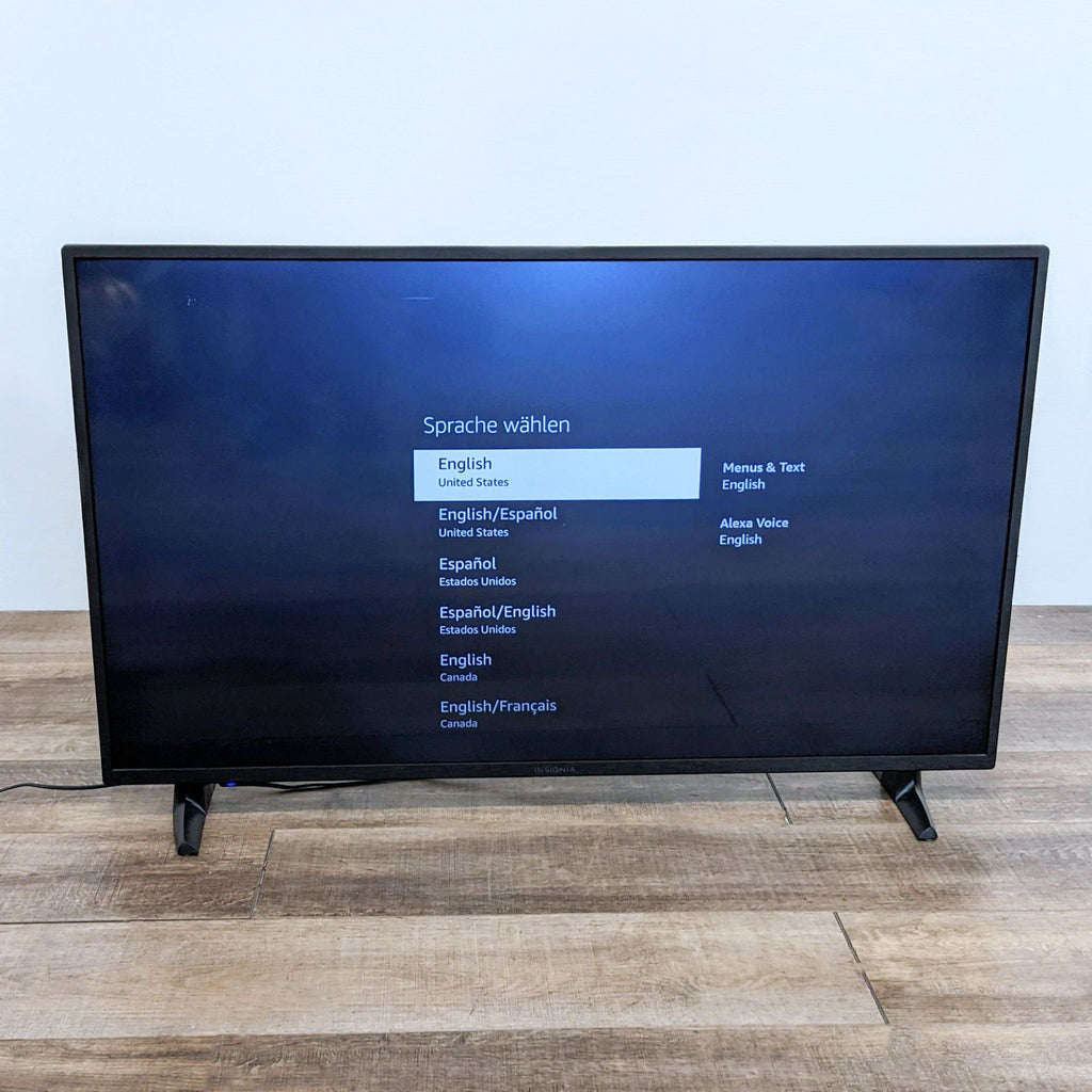 Language selection screen on Insignia Fire TV, displaying multiple options in different languages.