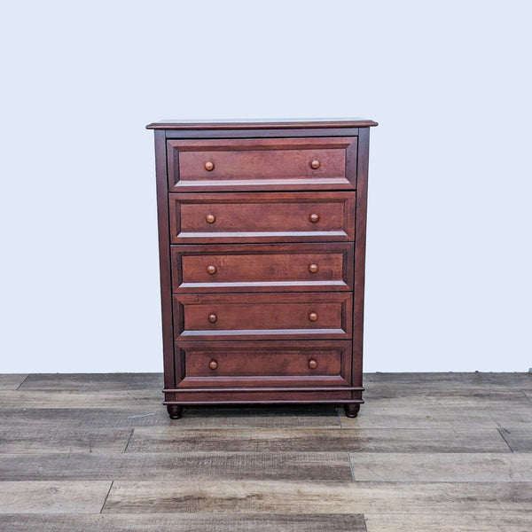 Front view of the Palisades dresser by Europa Baby with five drawers and round knobs.
