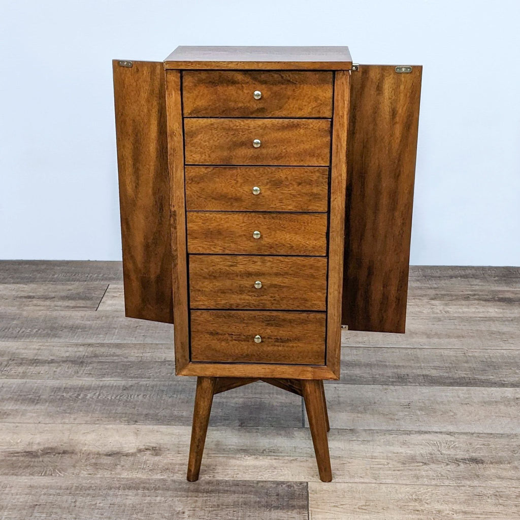 Jewelry chest with side doors open to reveal necklace hooks, showcasing elegant vintage design.