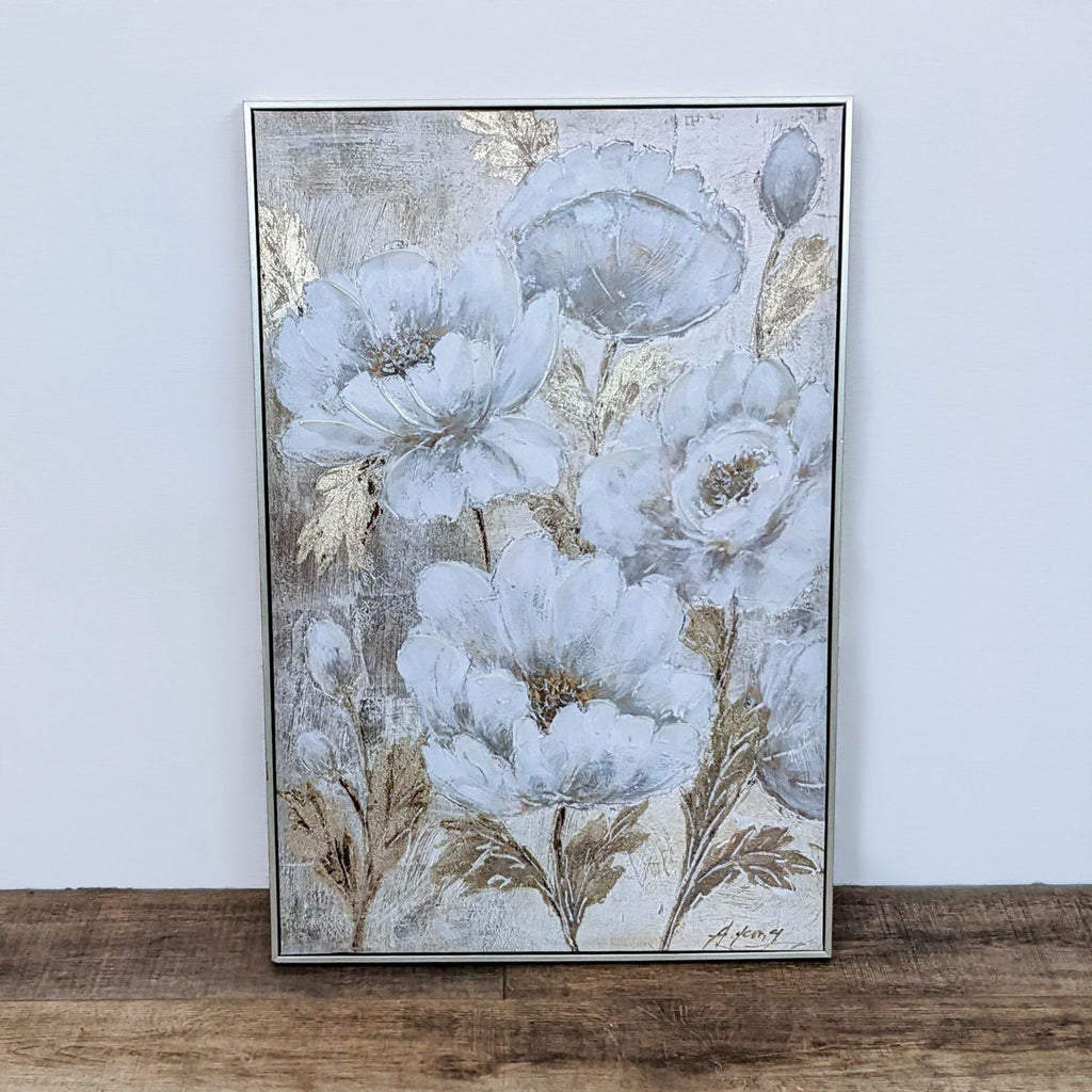 Floral painting on canvas, with metallic accents, framed.