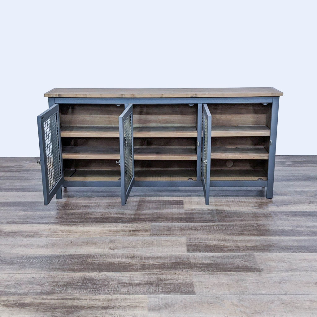 Reperch metal cabinet with open doors showing wood shelves and mesh design.