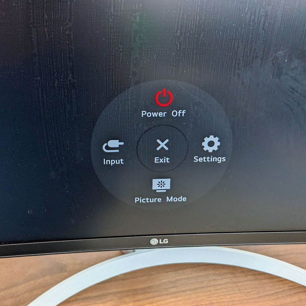 Close-up of LG UltraWide Monitor 40WP95C control menu, featuring power and settings options.