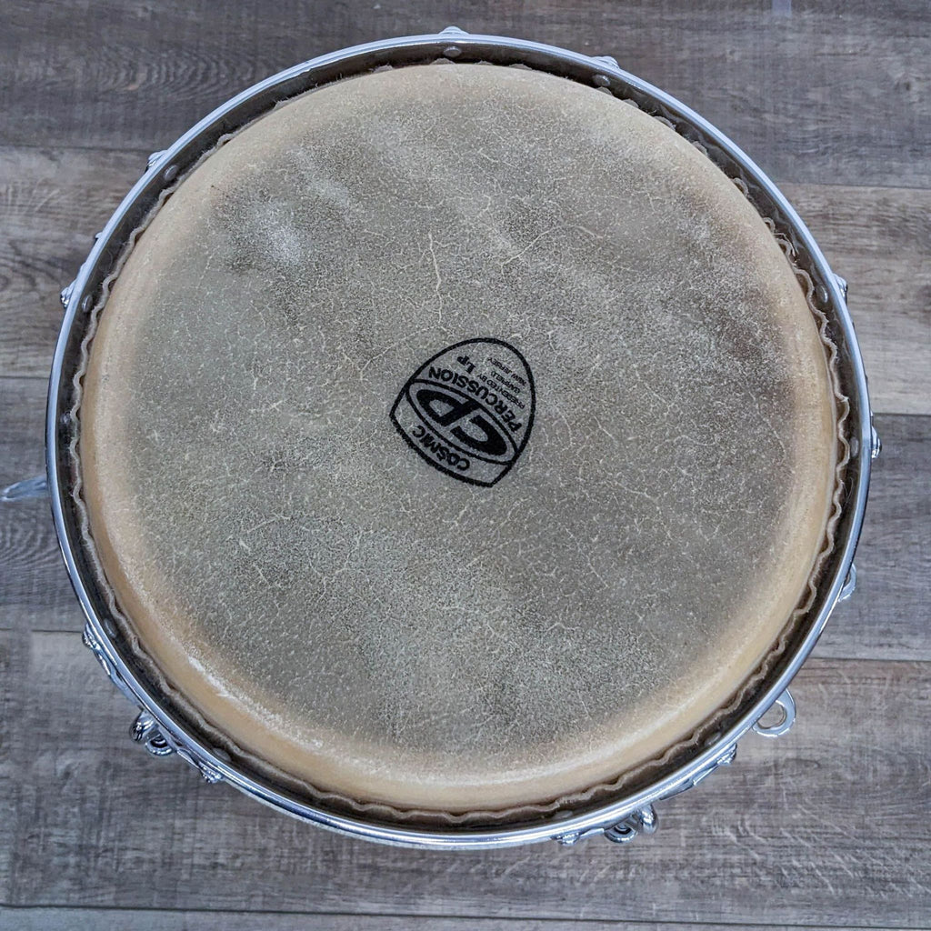 Close-up of the natural skin drumhead on a Cosmic Percussion conga.