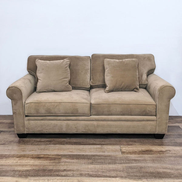 1. Reperch 3-seat compact sofa with classic narrow rolled arms, T back cushions, and dark finish feet, front view.