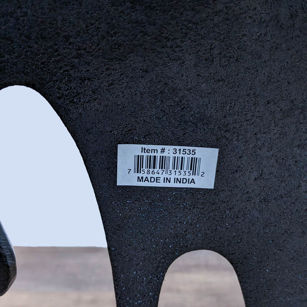 Close-up of Reperch table label, item #31535, made in India.