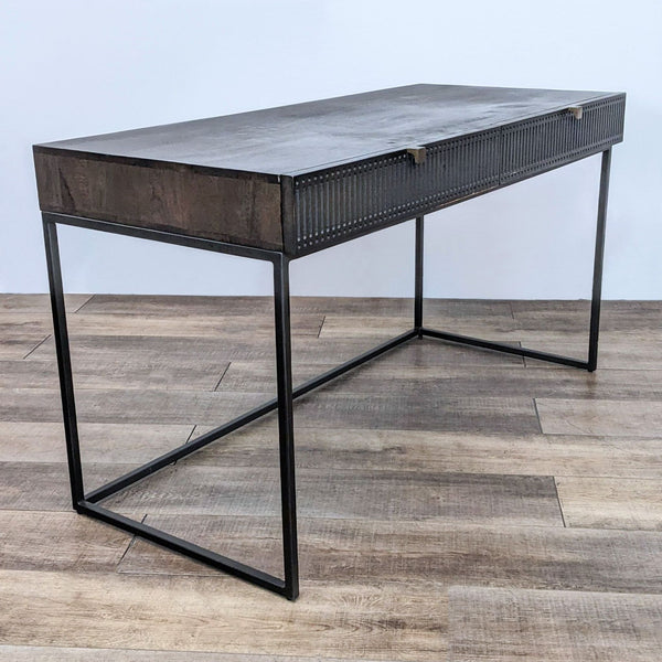 a vintage industrial desk with a metal frame and a metal base.