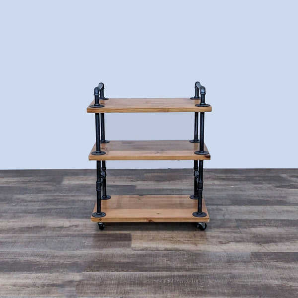 Three-tier wooden shelf with water pipe frame, durable and mobile.