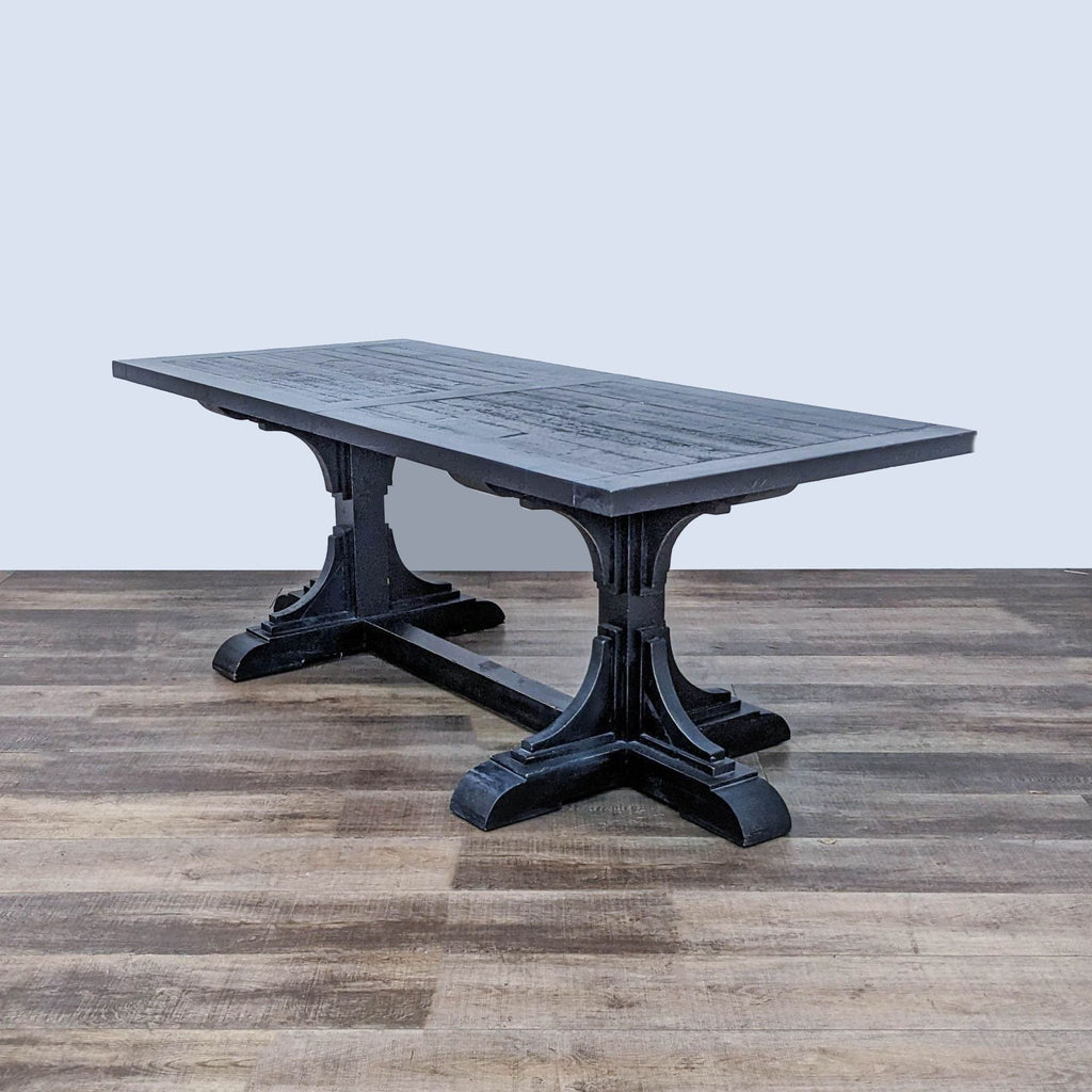 Restoration Hardware 20th C. reclaimed lumber dining table with a plank-framed top and double pedestal trestle base.