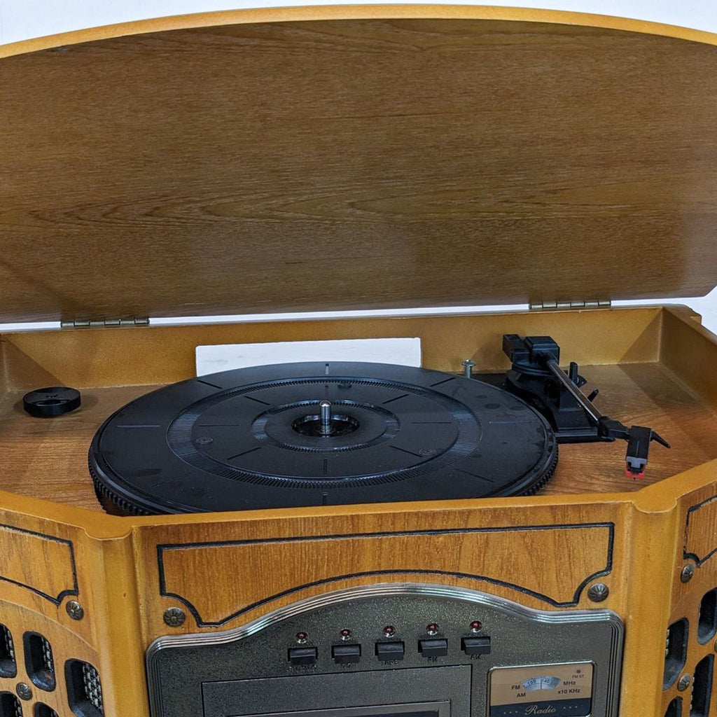 Open wooden music center with turntable and radio controls in vintage style.