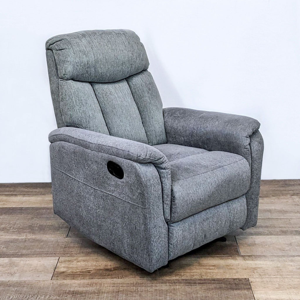 Reperch contemporary manual recliner in heathered gray fabric with plush cushioning.
