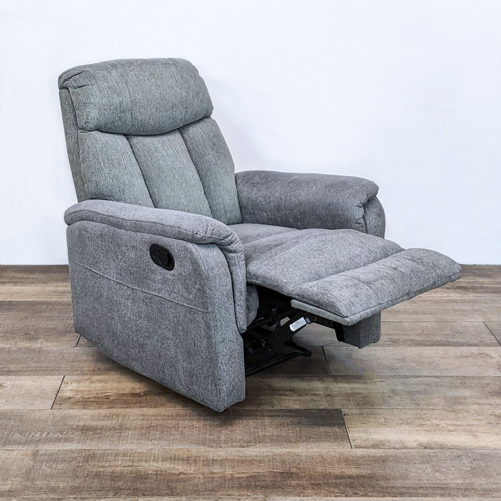 Reperch gray manual recliner open, plush cushioned, extended footrest, comfortable lounge chair.