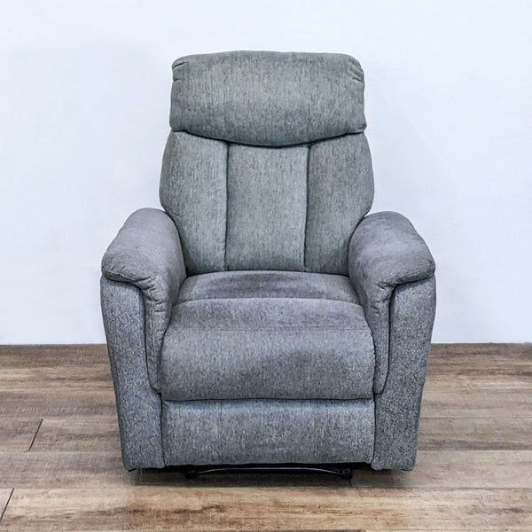 Reperch manual recliner closed, plush cushioning, heathered gray fabric, contemporary lounge design.
