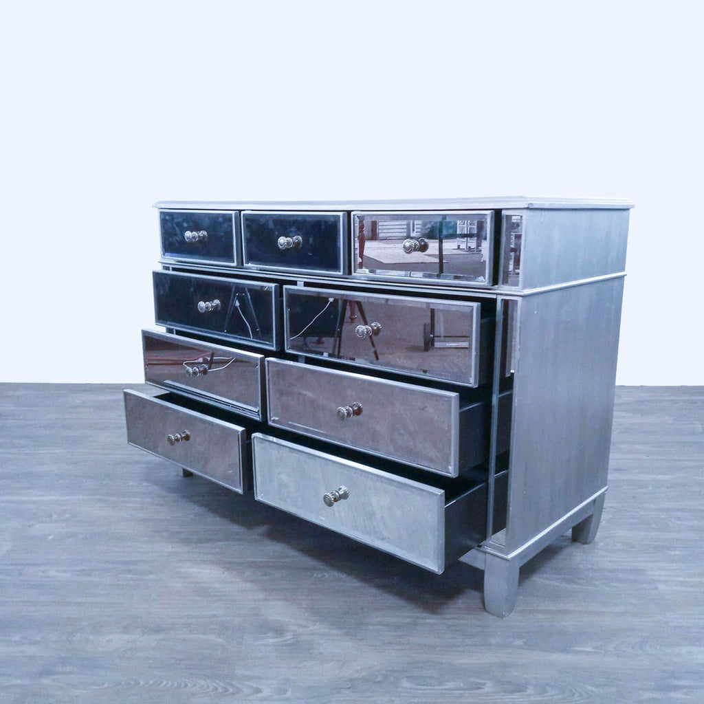 Angled view of the Hayworth dresser, showcasing open mirrored drawers.