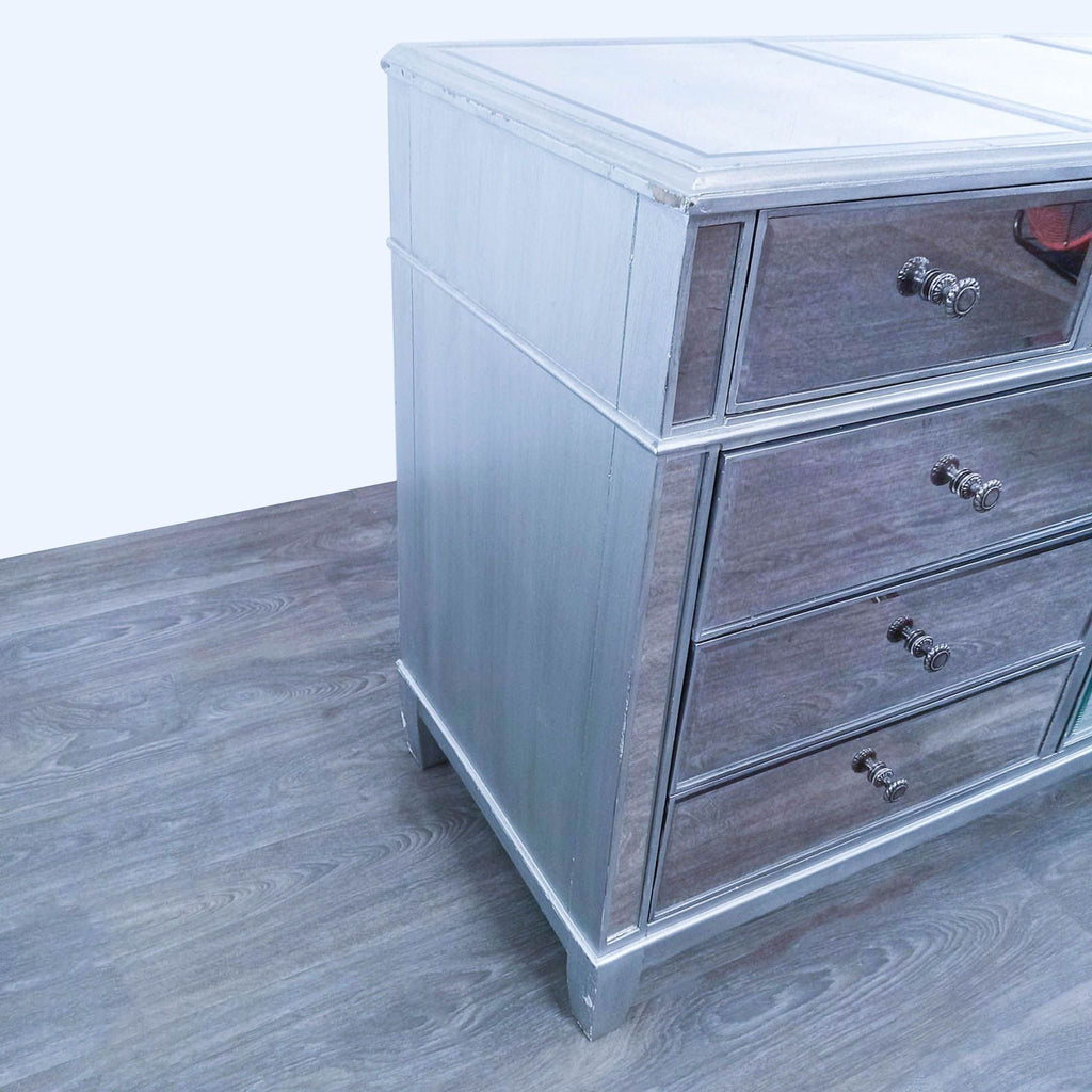 Side view highlighting the silver finish and mirrored panels of the Hayworth dresser.