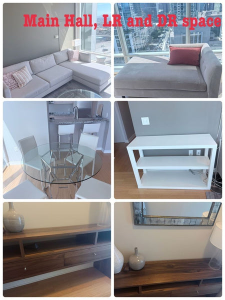 1. Modern glass dining table with a round top and a geometric metal base in a contemporary apartment setting.