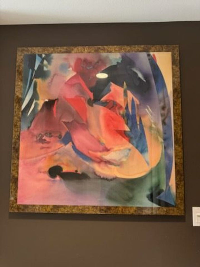 3. Reperch abstract art piece with pink, orange, blue, and green hues, mounted on a wall in a decorative setting, 43" square.