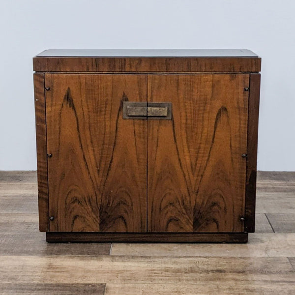 a mid century modern, solid wood storage chest with a metal top.