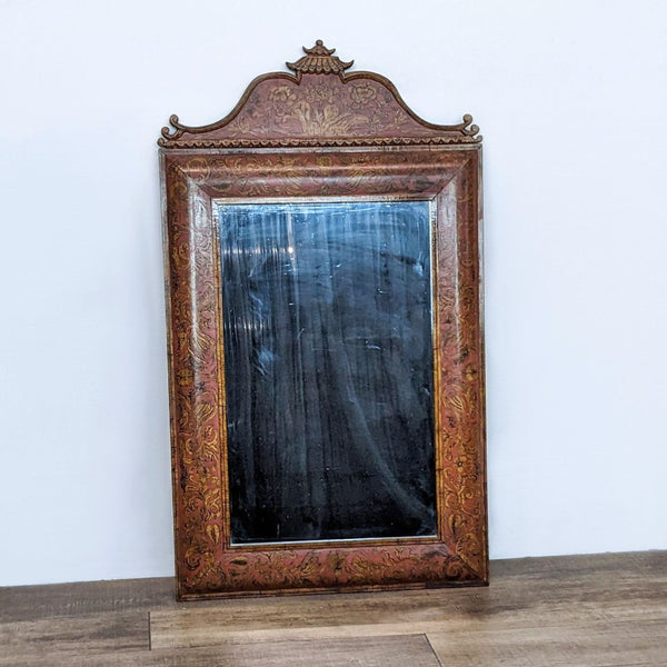 Vintage Queen Ann mirror with ornate carved wood frame, featuring intricate details. Brand: Reperch.