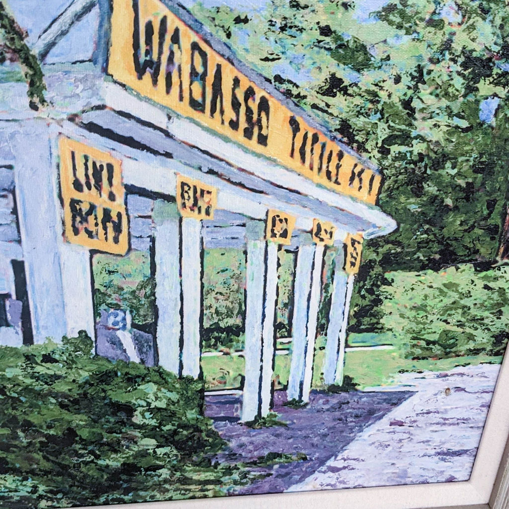 Close-up of Wabasso Tackle Shop sign and columns, highlighting vibrant greenery.