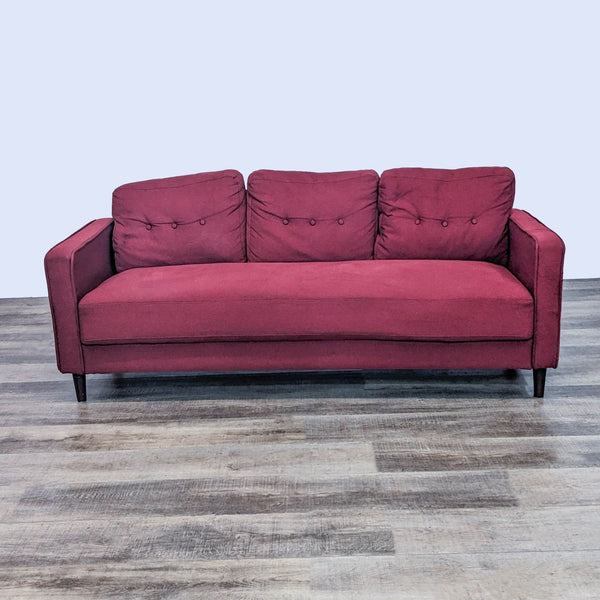 Front view of a Zinus 3-seat sofa with button-back cushions, narrow arms, and wood finish feet.  
